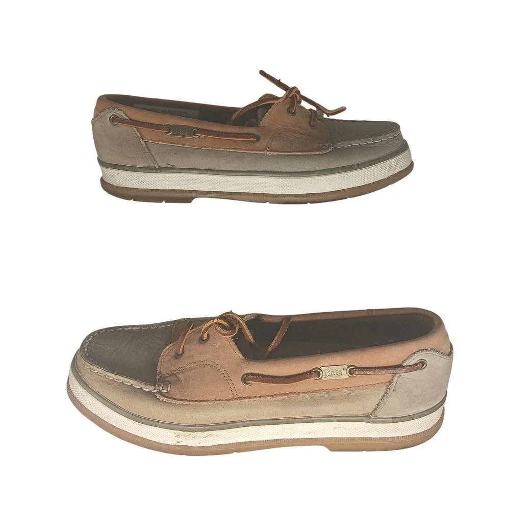 G H Bass Boat Shoes Moccasins Mens 9M Leather‎ Tan Gray Slip On